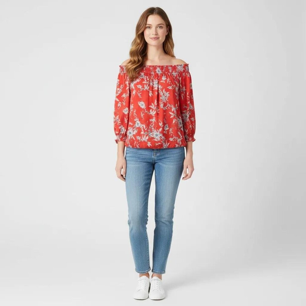CURE.‎ Women's Smocked Red Floral 3/4 Sleeve Off-Shoulder Blouse Size Small